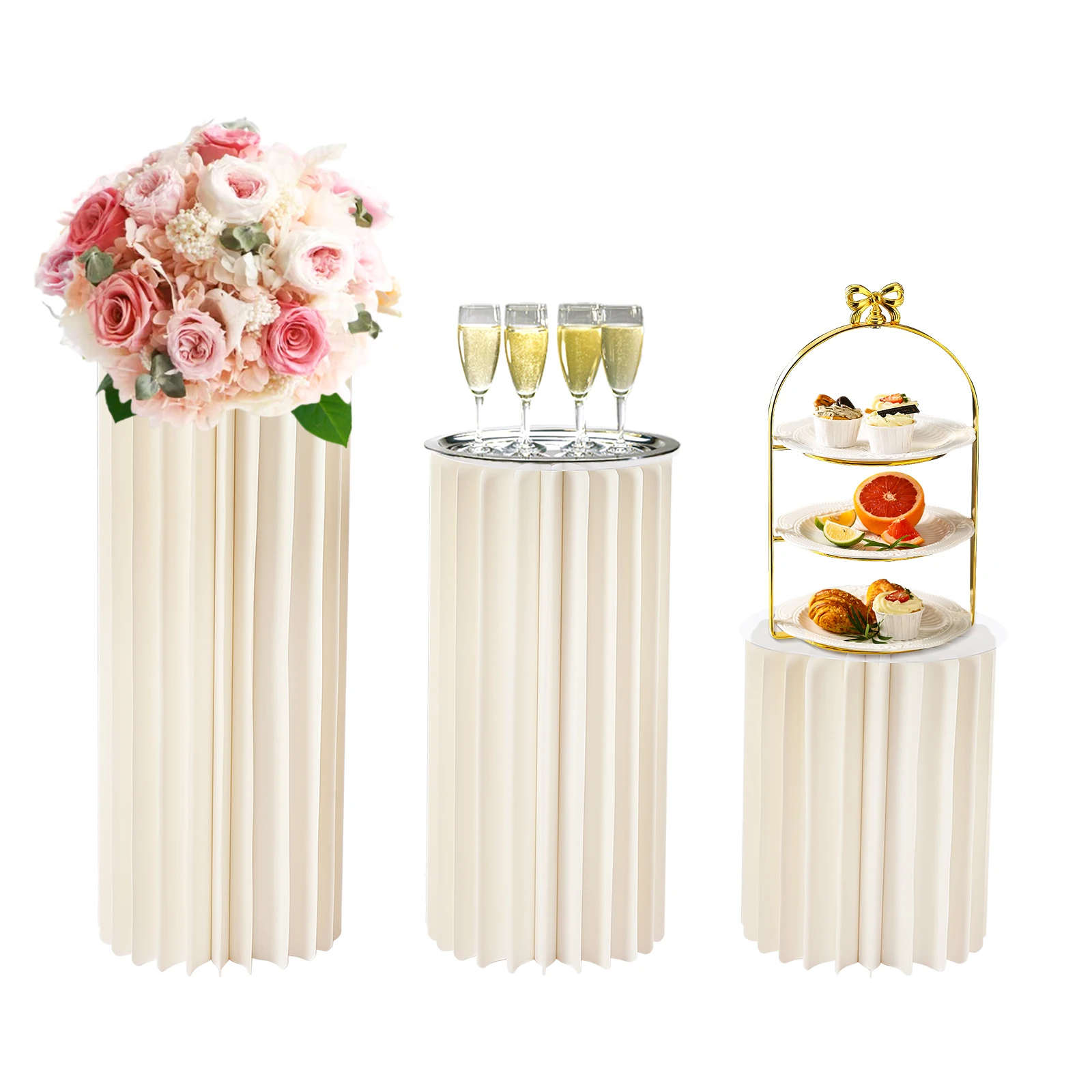 3-teiliger Blumenständer für Hochzeiten und Partys, Faltbare Zylinderförmige Karton-Dekoration für Desserttische, 40+60+80cm