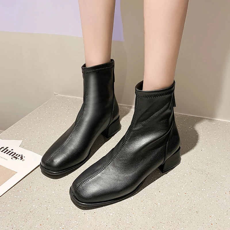 Women Beige High Heels Ankle Boot Winter Female Square Toe Chelsea Boots Short Boot Fashion Zip Women's Boots 2024 Autumn Winter