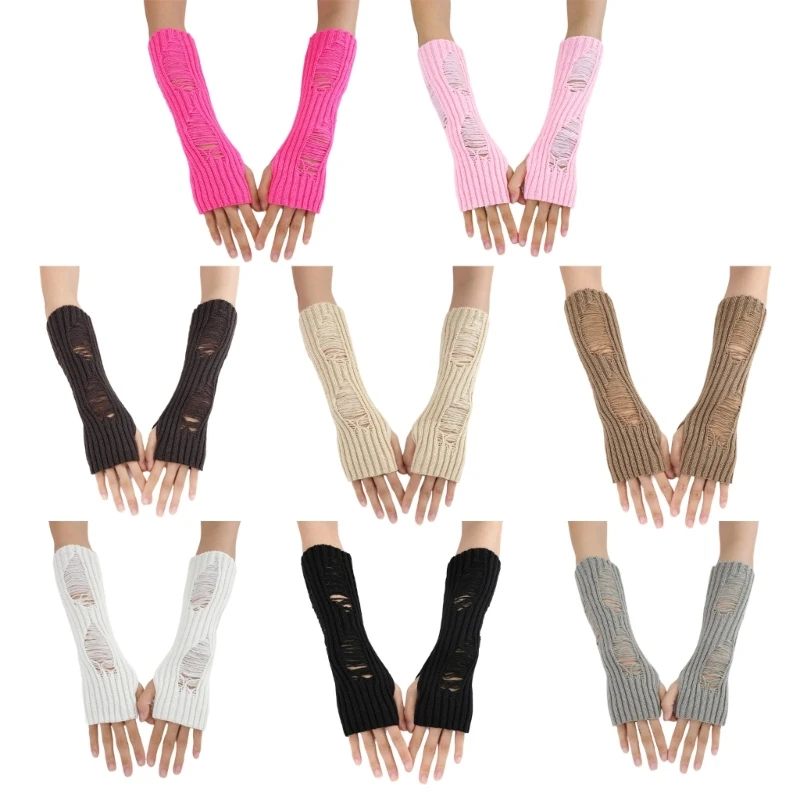 

Q1FA Knitted Lengthen Wrist Fingerless Gloves Winter Half Finger Mittens Stretchy Keep Warm Hollow Gloves for Girls Teens