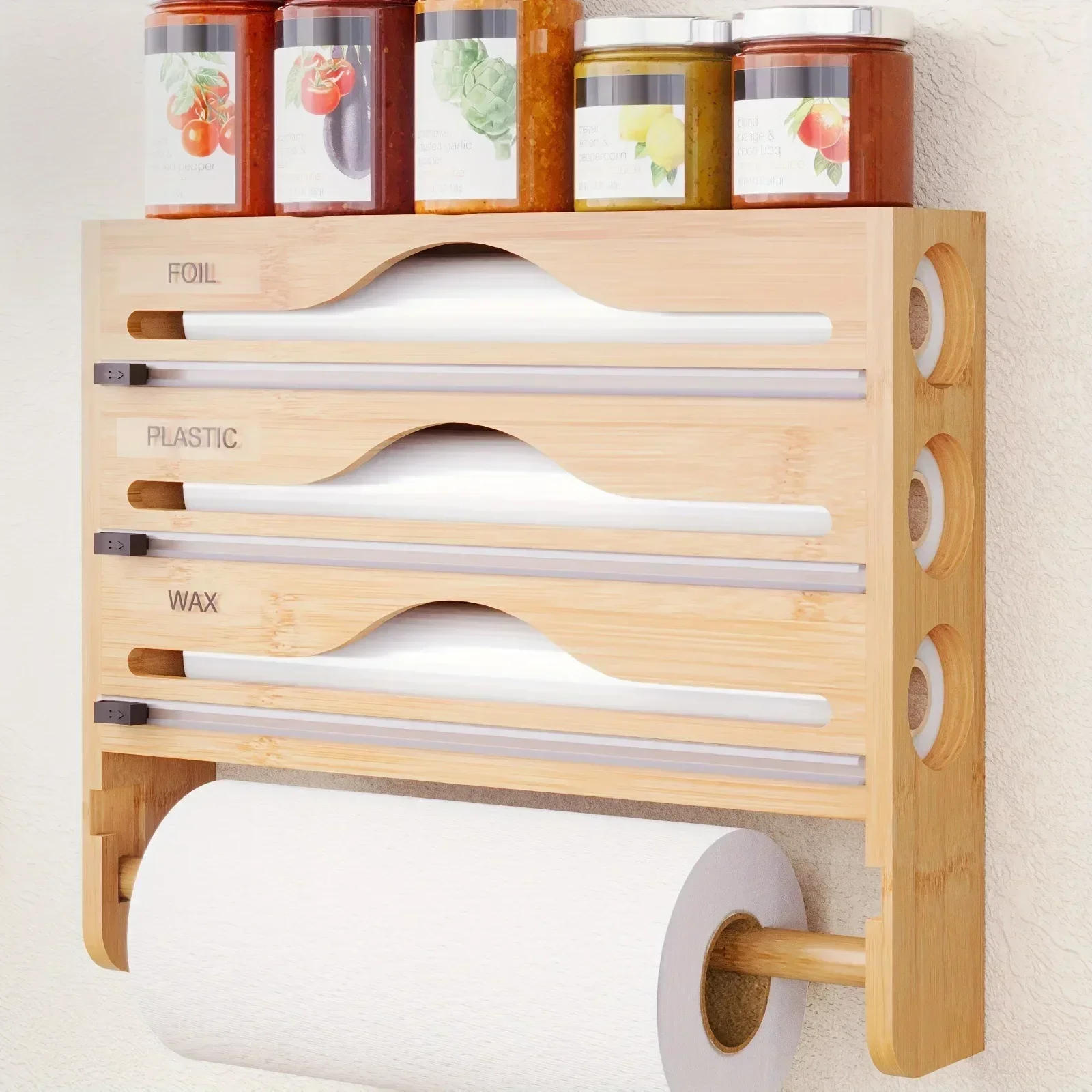 Bamboo Compartment Cling Film Tin Foil Cutter Box With Kitchen Paper Wall Mounted Paper Towel Kitchen Organizer Accessories New