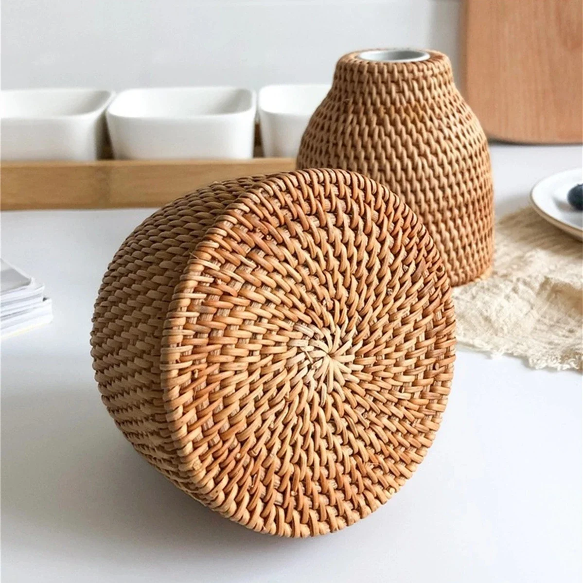 Nordic Style Rattan Vase,Japanese style Porcelain Flower Vases,Tabletop Plants Pot Terrarium for Plants Living Room Home Decor 5