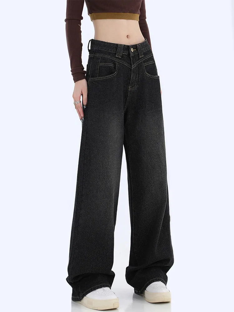 

Woman Black Jeans High Waist Vintage Straight Baggy Denim Pants 2022 Autumn New Streetwear Korean Fashion Wide Leg Ladies Jeans