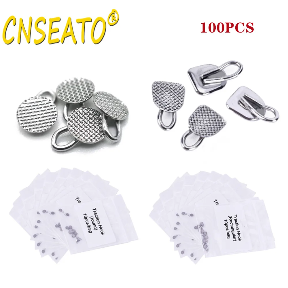 

100 шт. Стоматологические Ортодонтические языковые пуговицы, выдвижной Тяговый крючок, металлическая круглая сетчатая Нижняя прямоугольная Стоматологическая языковая боковая пряжка