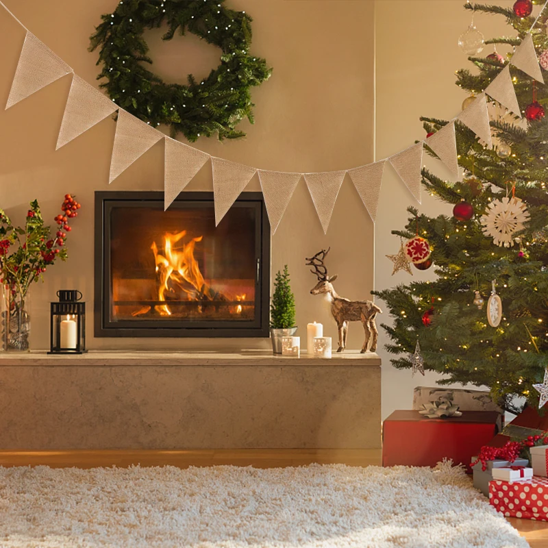 3.8M 13Flag Vintage Jute Banner Hessian Burlap Bunting Garland Wedding Party Supplies Photo Props Christmas Decorations for Home