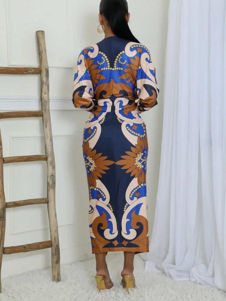 Wmstar Women's Autumn Casual Long Sleeve V-neck Printed Pattern Slimming Long Dress 2024 New Style Wholesale Dropshipping