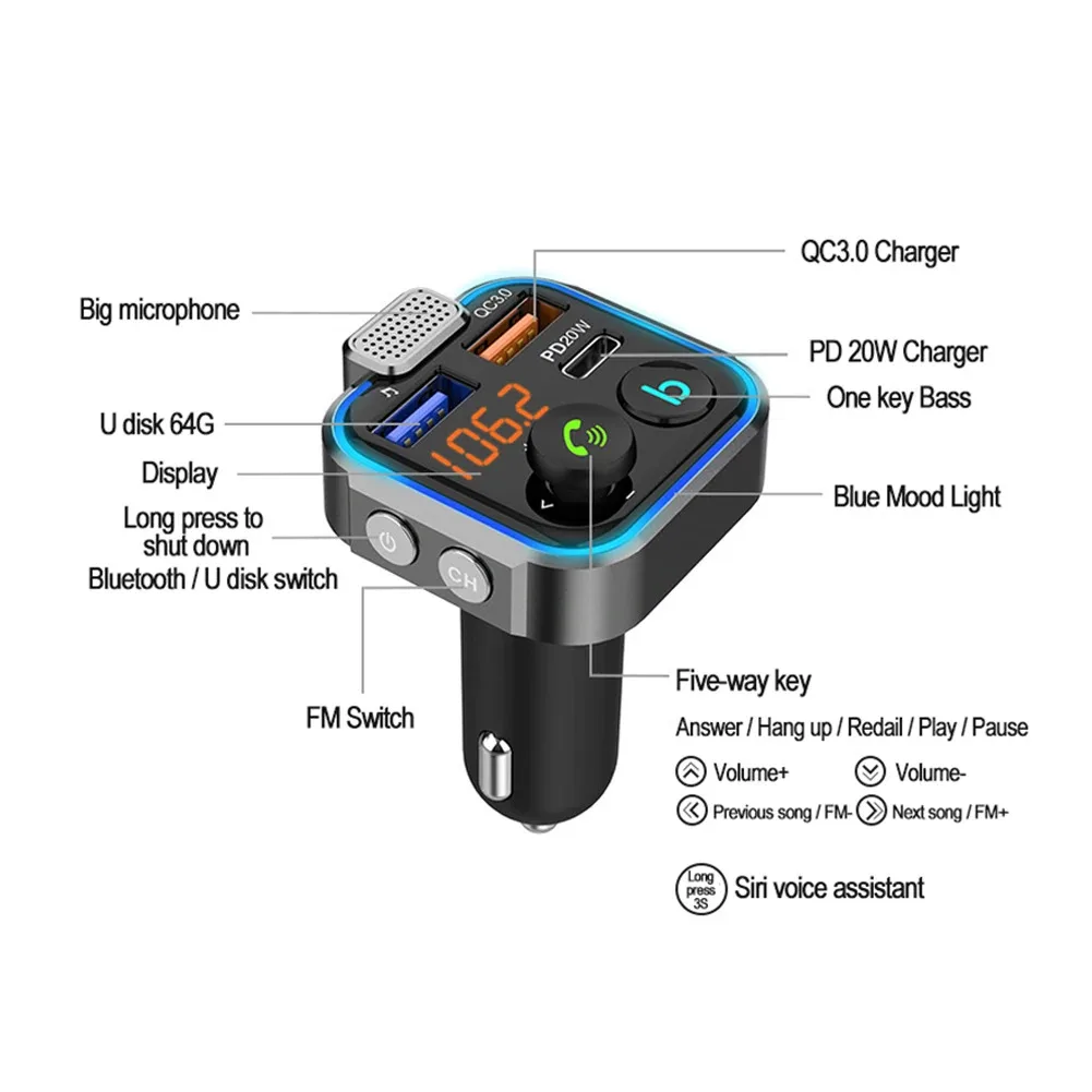 FM ۽ű   ڵ ŰƮ,  ȣȯ 5.0  MP3 ÷̾, ũ , QC3.0  USB , CŸ PD 20W