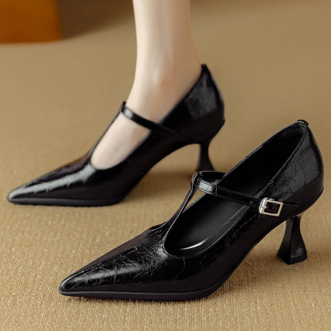 Women's genuine leather pointed toe metal buckle slip-on t-strap pumps elegant ladies 7.5cm thin high heeled daily dress shoes - view