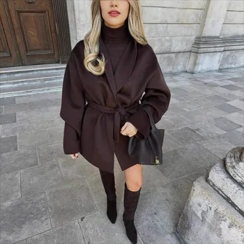 Cappotti di lana autunno inverno per donna Moda stringate calde maniche lunghe Miscele Capispalla Eleganti giacche oversize solide 2025 Marrone 1