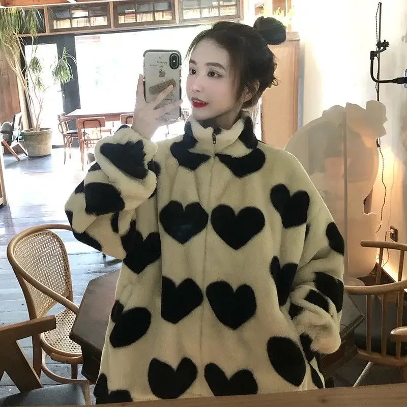 2022 Lamb Fleece Coat Love Lamb Fleece Cotton Coat Autumn and Winter Trend Loose Short Coat  Y2k