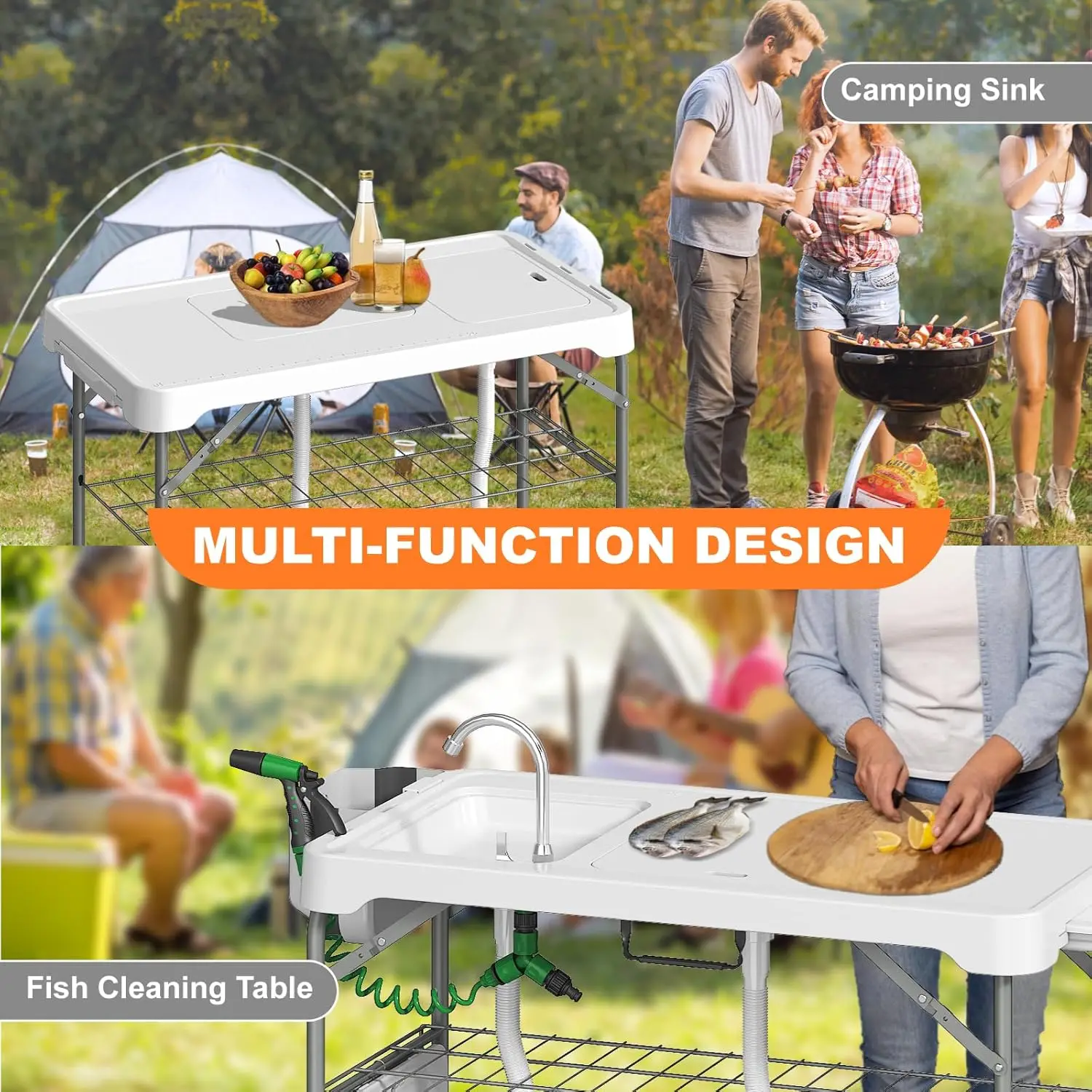 Folding Fish Cleaning Table with 2 Sinks 6