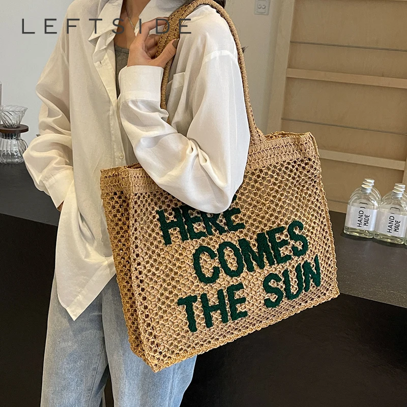 Leftside Summer Letter Design Women Weave Borsa A Tracolla In Paglia 2024 Big Beach Tote Bags Handmade Lady Borsa Ad Alta Capacità
