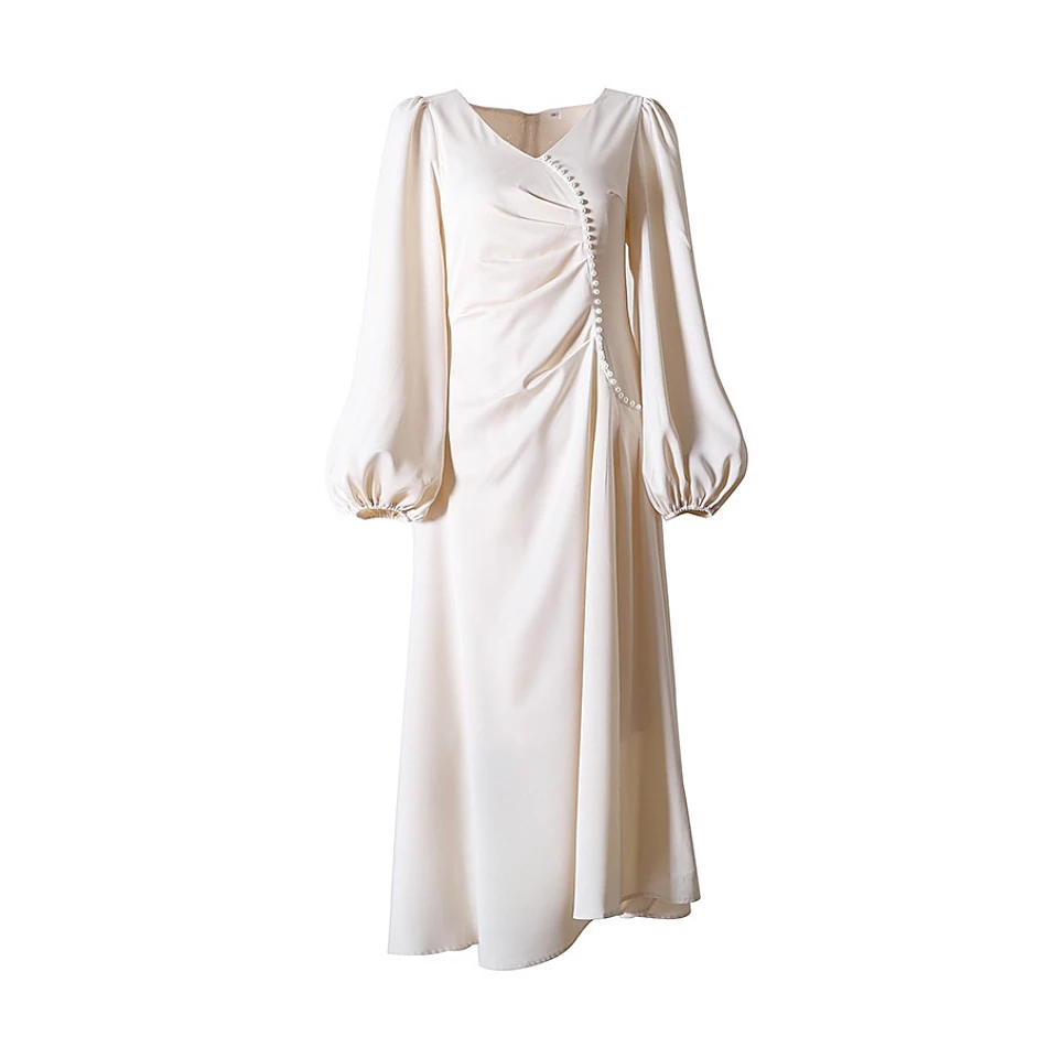 

Элегантное облегающее атласное платье во французском стиле с рукавами-фонариками, V-образным вырезом и бусинами на талии для женщин