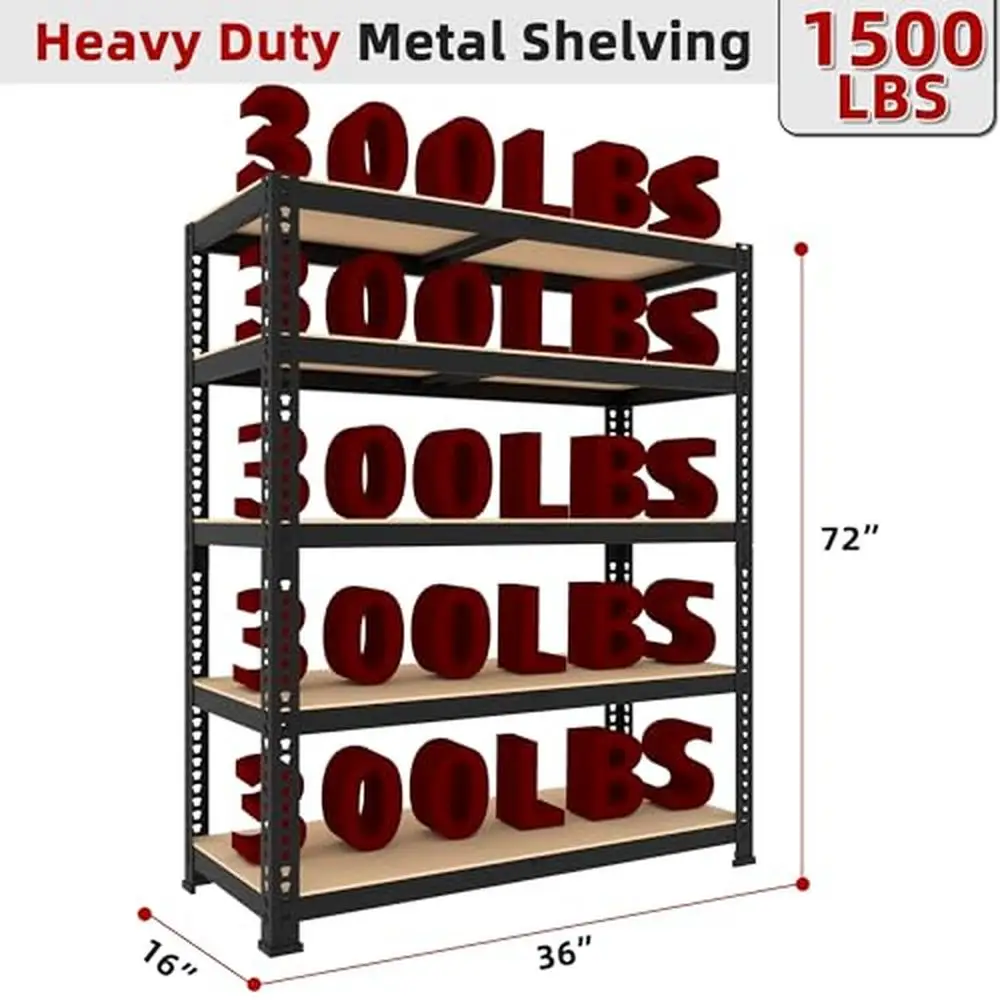 Adjustable Metal Garage Storage Shelves 5 Tier Heavy Duty Utility Shelving Unit 36" x 16" x 72" H Organize Garage Warehouse 3