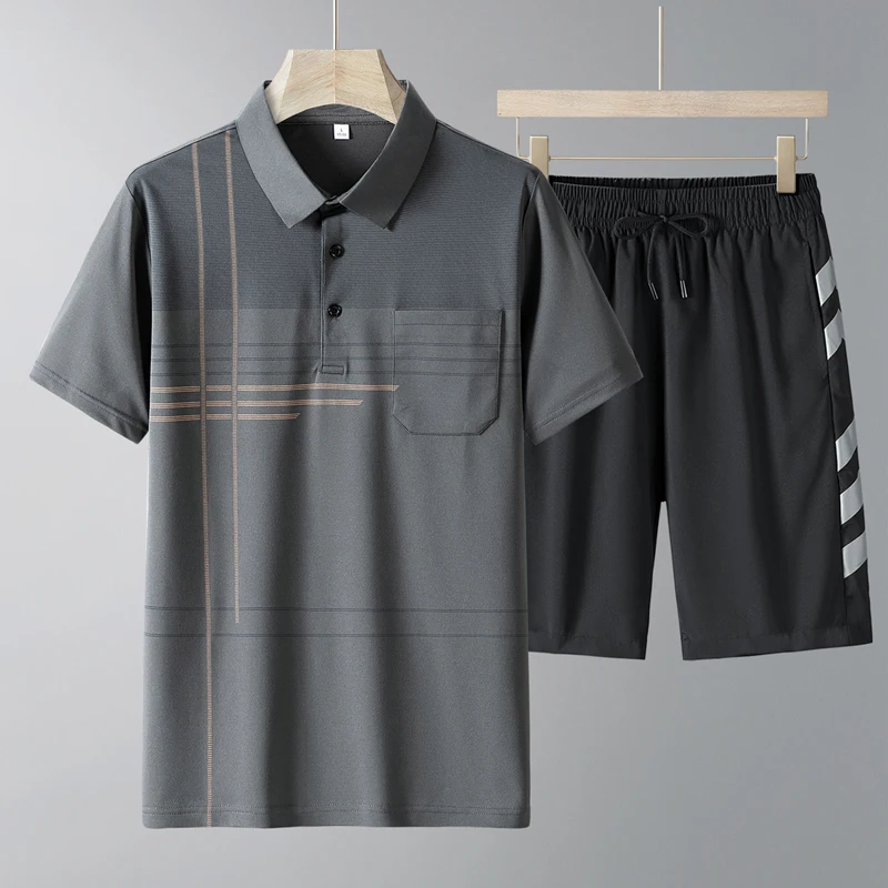 Fashion Lapel All-match Printed Short Sleeve Striped Men's Sets 2024 Summer New Loose Elastic Lace Up High Waist Shorts Sets