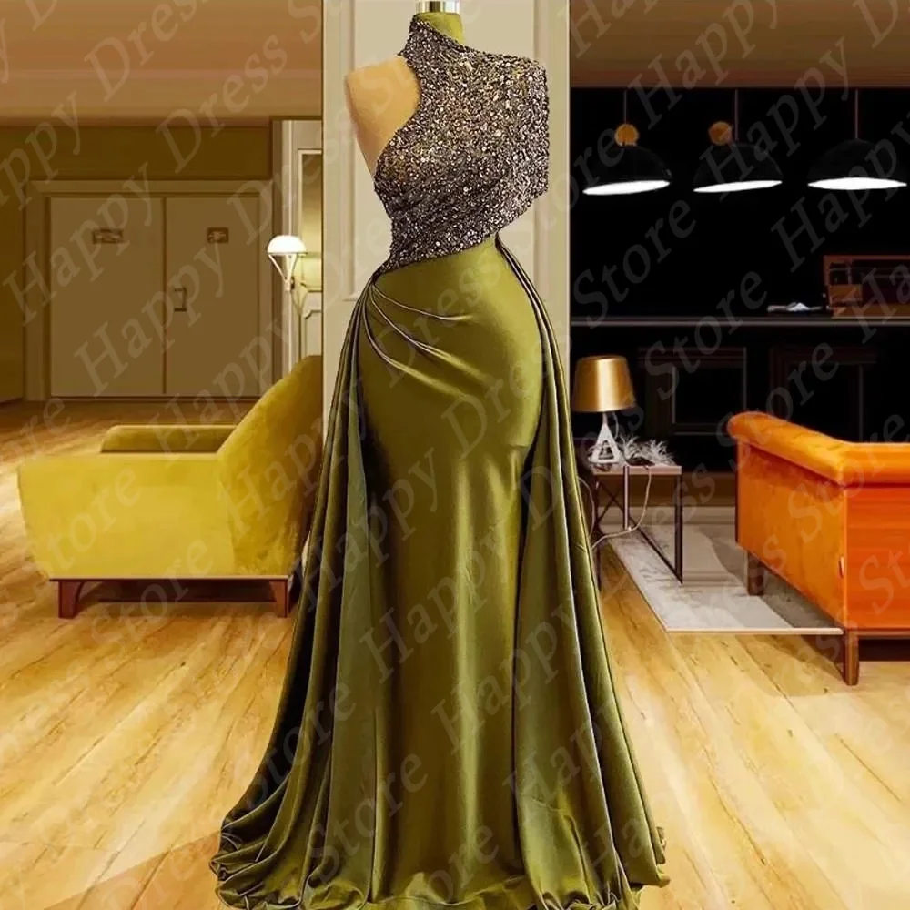 2024 Dark Green Mermaid Formal Occasion Dresses High Neck Shiny Sequined  Evening Dresses Floor Length Satin Long Prom Gowns