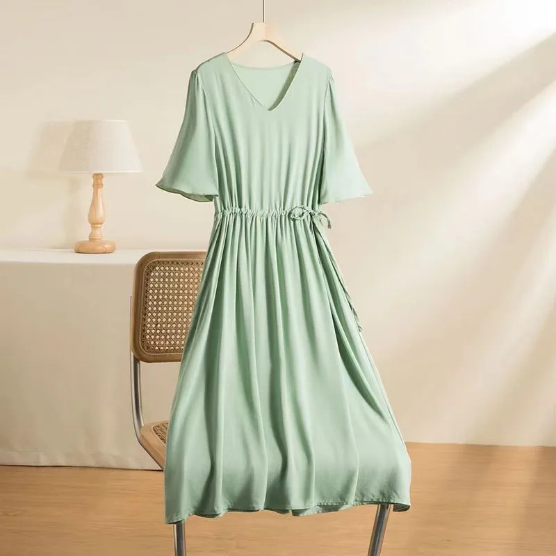 

Solid Cotton Silk Dress Women Summer New V-neck Flare Sleeves Lace Up Slim Dress Female Elegant Fashion A-line Mid Length Dress