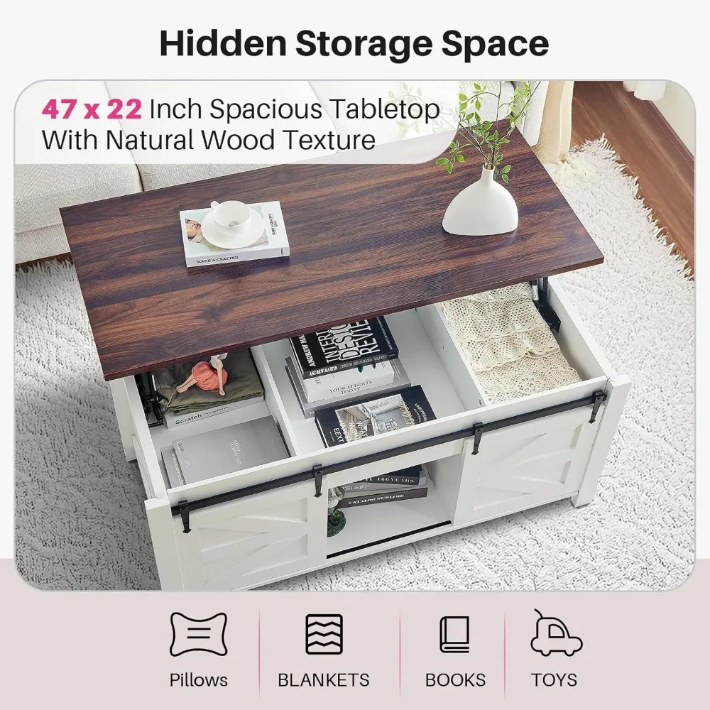 Lift Top Coffee Table,Coffee Table with Storage,47" White Coffee Table with Lifting Top, Lifting Tabletop with Sliding Barn Door 3