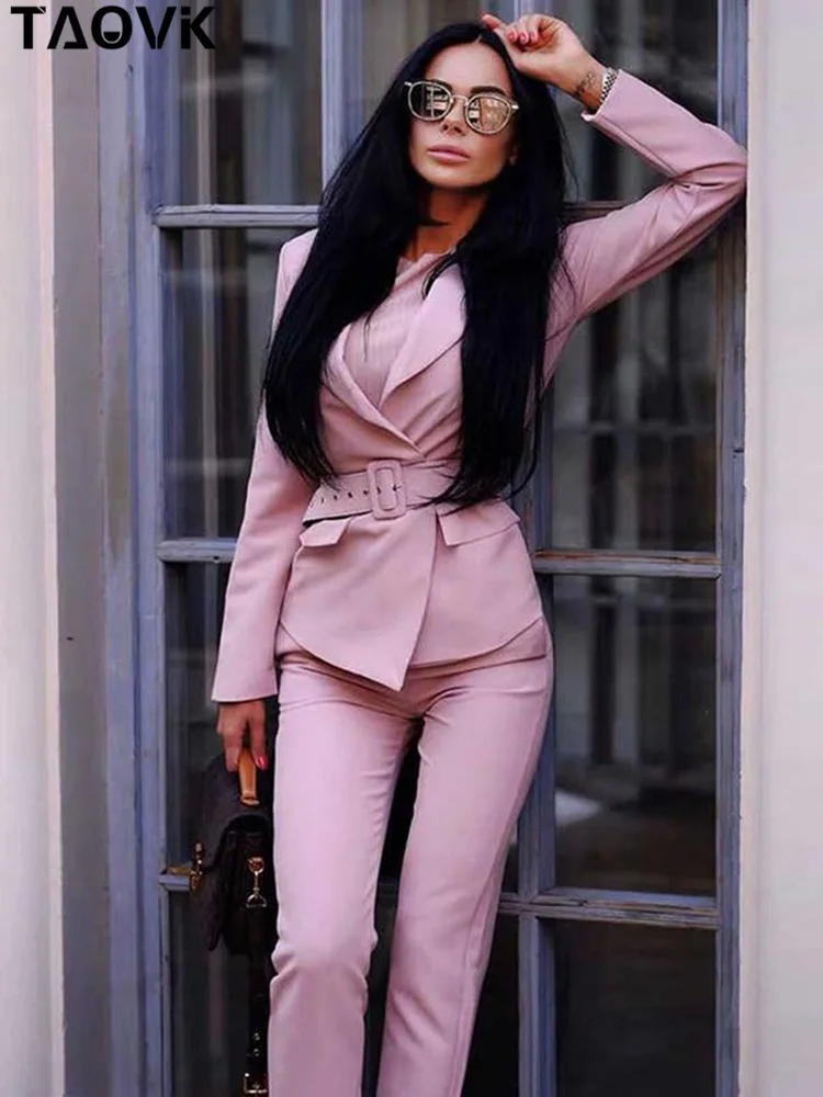 

TAOVK Women Blazers Pants Suits Elegant Slim Long Sleeve Sashes Jacket and Trousers Office Ladies Work Wear Sets