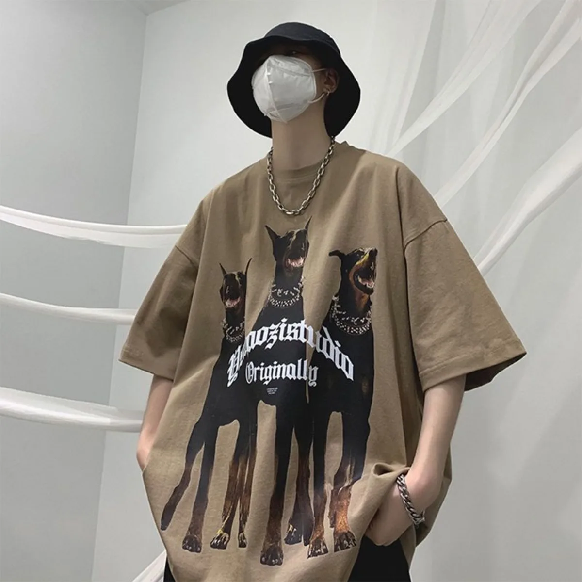 

American Hiphop Creative Dog Print Short Sleeved Men and Women Ins Summer Cotton Loose Fitting Couple Half Sleeved Top Clothes