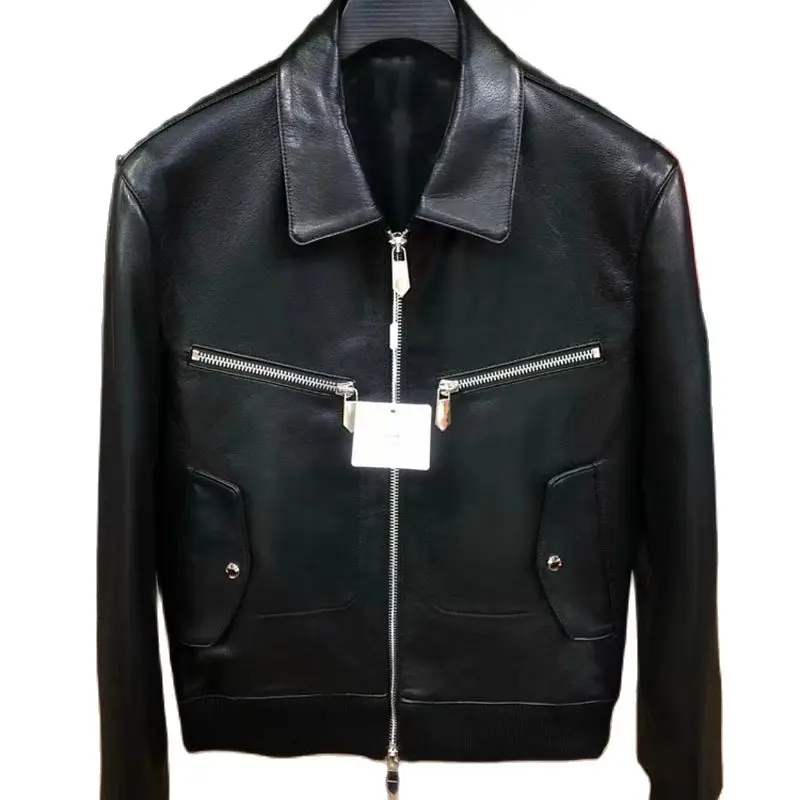 

Men Turn-down Collar Black Jacket True Real Sheepskin Outer Wear With Zipper And Pocket Long Sleeve Casual Style Spring Autumn