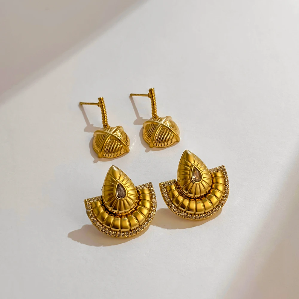 Retro Inlaid Crystal Geometric Sector Stud Earrings Polished Stainless Steel Gold Color Waterdrop Dome Drop Earring Punk Jewelry