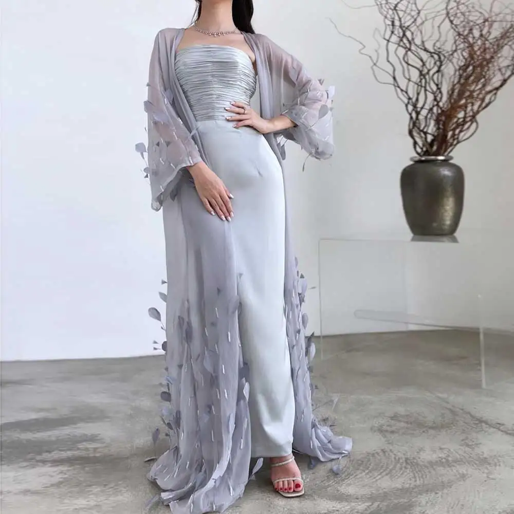 

Strapless Sheath Elegant Evening Dress With Shawl Long Sleeved Feather Ruched Women's Fashion Prom Gown 2023 فساتين مناسبة رسمية