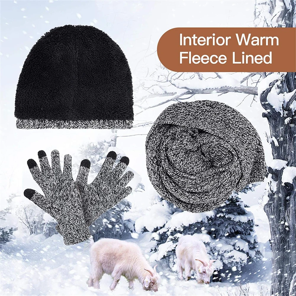 Warm Knitted Men's Scaves and Beanie Hat Gloves Set with Touchscreen Gloves Winter Thick Fleece Lined Neck Gaiter Cap
