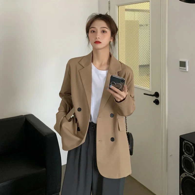 Khaki Blazer Office Lady Lapel Double Breasted Casual Commute Blazers Spring Autumn Thin Loose Suits Elegant Chic Coats Clothing