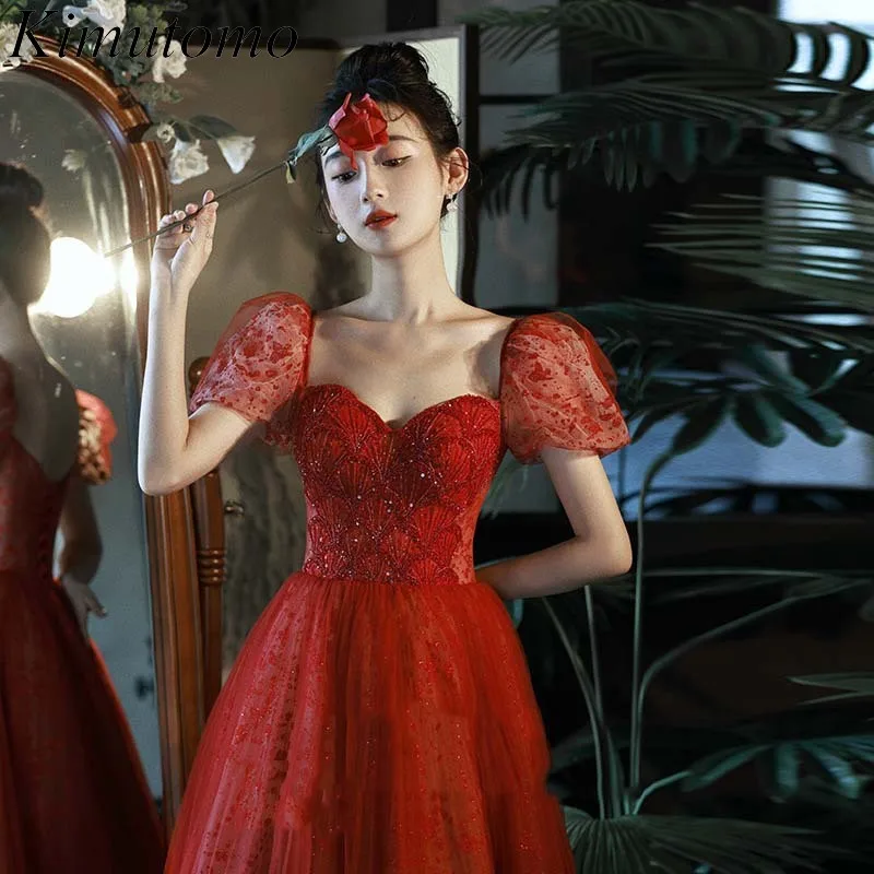 

Kimutomo Beaded Sequined Red Mesh Evening Dresses Elegant Dress Women for Wedding Party Low Neck Puff Sleeves Sweet Vestidos