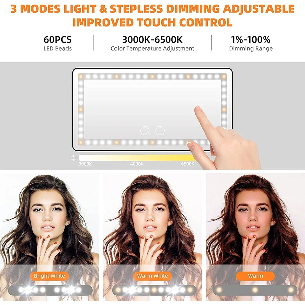 Car Sun Visor Vanity Mirror Cosmetic Mirror Rechargeable Makeup Mirror with 3 Light Modes 60 Leds Dimmable Clip-on Rear Wireless