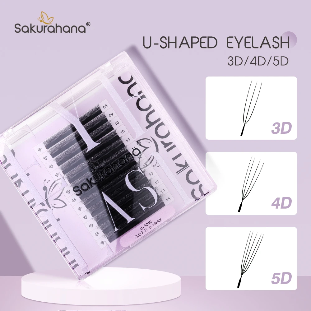 SAKURAHANA U-förmige 3D 4D 5D Wimpernverlängerung Mattschwarz Volldichte Wimpern Vorgefertigte Fächer Leichte flauschige Nerz-Kunstwimpern