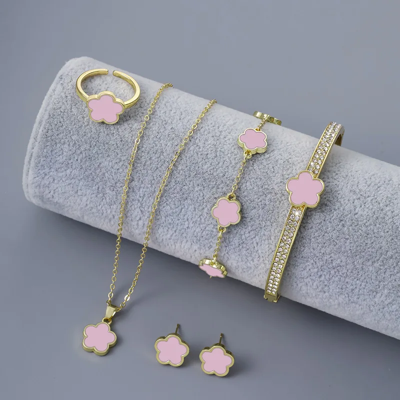 5pcs/set Luxury Quality Jewelry Sets Plum Blossom Plant Five Leaf Flower Women's Earrings Rings Bracelet Necklace Bangles Gift