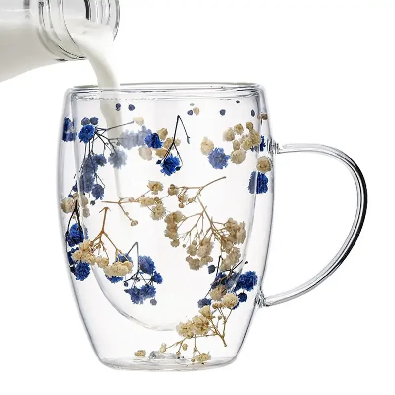 350ml Dried Flower Cup Double Insulated Wall Glass Full Star Milk Coffee Mug with Handle Hot and Cold Tea Cups Beverages Cups