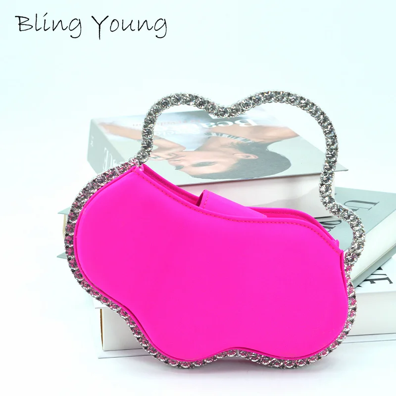 

Woman Fashion Rhinestone Metal Frame Fushia Evening Wedding Satin Clutch Female Designer Diamond Crystal Women Party Bags