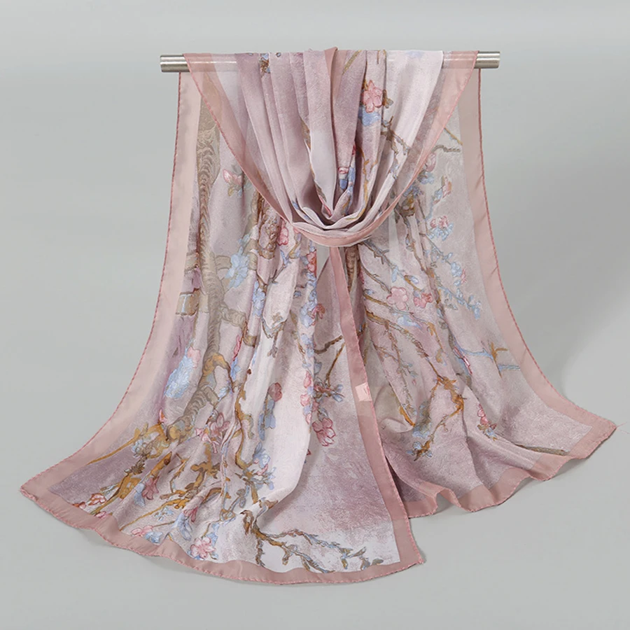 Plum Blossom Pattern Simulation Silk Scarf Women's Chiffon Scarf Long Gauze Scarf Sunscreen Shoulder Bag Headscarf 2