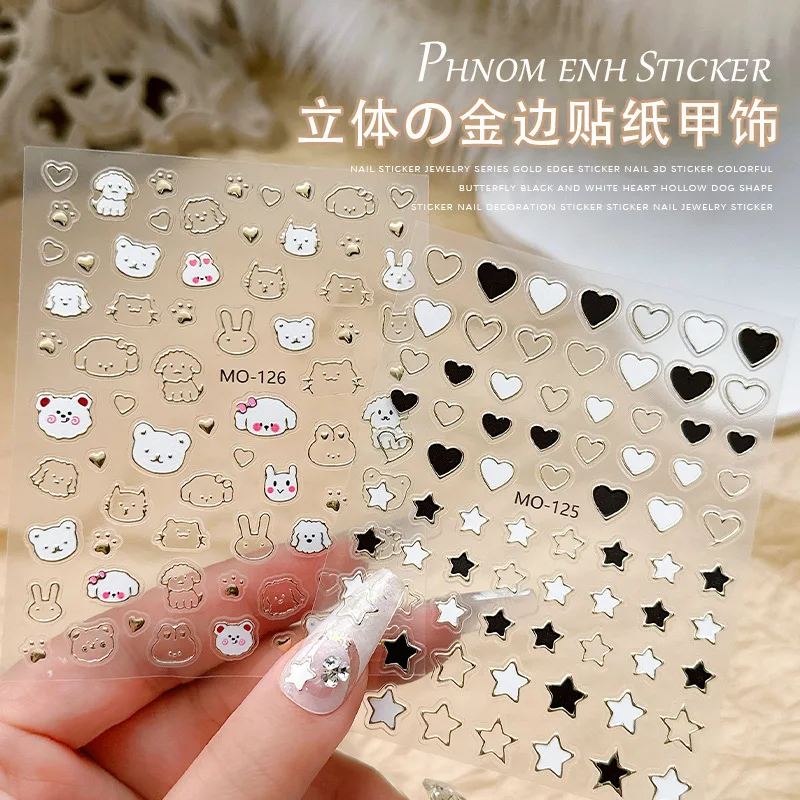

Embossed Nail Art Stickers Self-adhesive Decals DIY Cute 5D Black White Heart Gilding Butterfly Manicure Slider Decoration