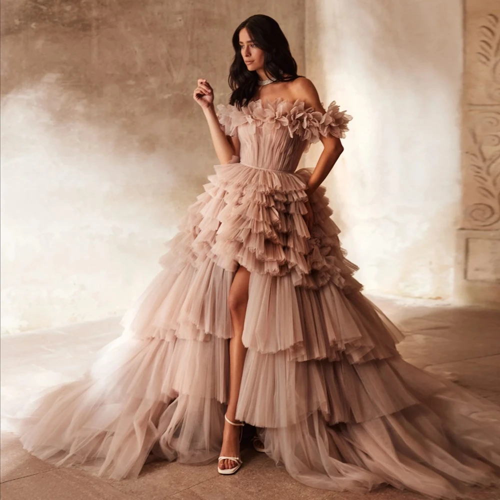Retro Romantic Ruffled Ruched High-Low Tulle Maxi Evening Dress main image 0