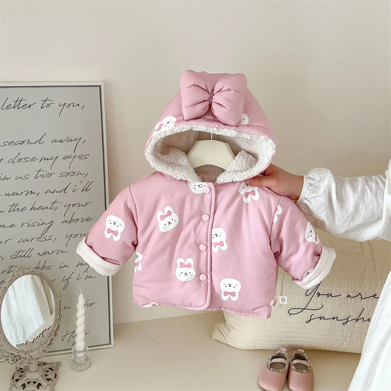 Children's Winter Coat Pink Bow New Hooded and Velvet Warm Thick Cotton Jacket Kids Outerwear Hoody for Girl