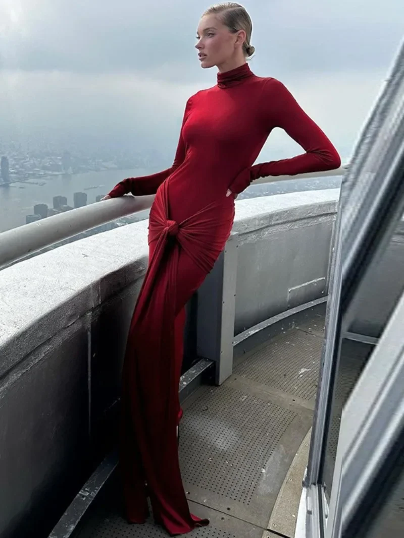 Fashion Women 2025 Spring Turtleneck Bandage Long Dress Elegant Ladies Autumn Bodycon Solid Holiday Party Dresses High Street 2