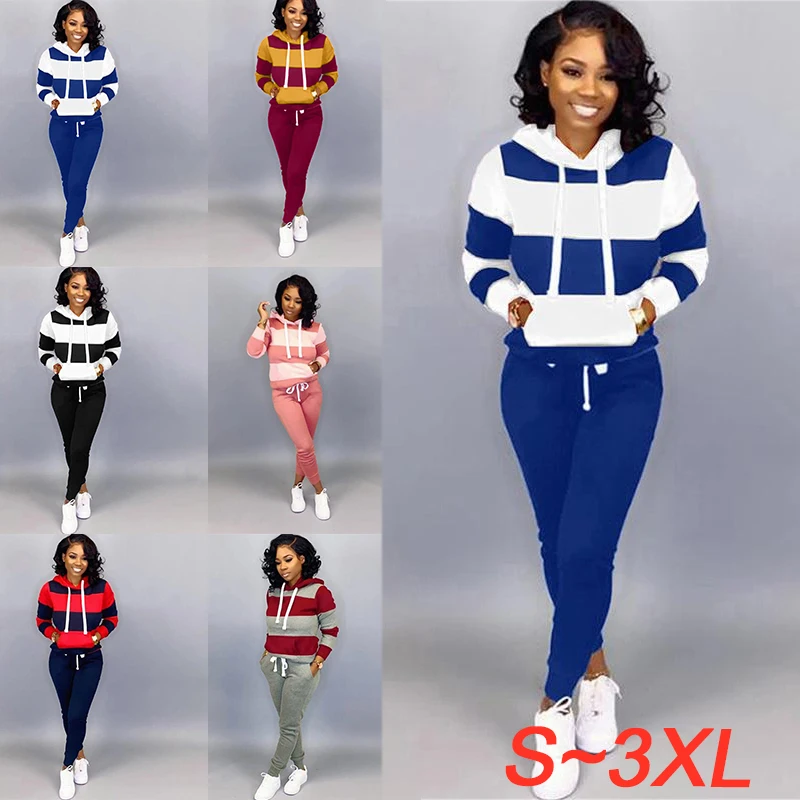 Women's horizontal striped sportswear two-piece long sleeved full zippered hoodie and pants sportswear set slim fit sportswear