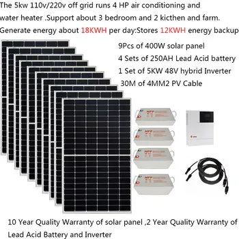 Solar Kit Complete With Battery 5000W 5KW 220V 110V Off Grid System Solar Panel 400W Hybrid Inverter Bedhome 4HP Home Farm