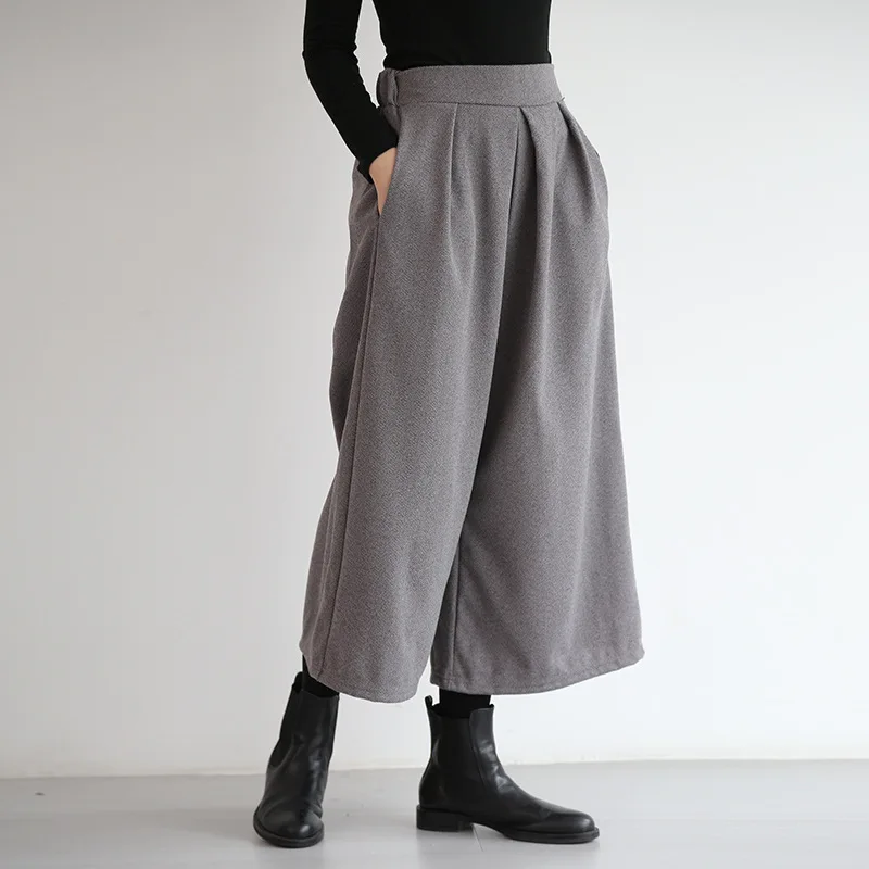 Loose Woolen Wide Leg Skirts Pants Women Pleated Casual Pants Winter Autumn Straight Trousers Elastic High Waist Fat Leg Pants