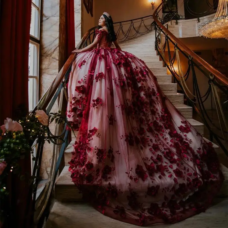 

Burgundy Quinceanera Dress Luxury Pearls 3D Flowers Sweet 15 Year Gown Off The Shoulder V Neck Court Train Party Dresses