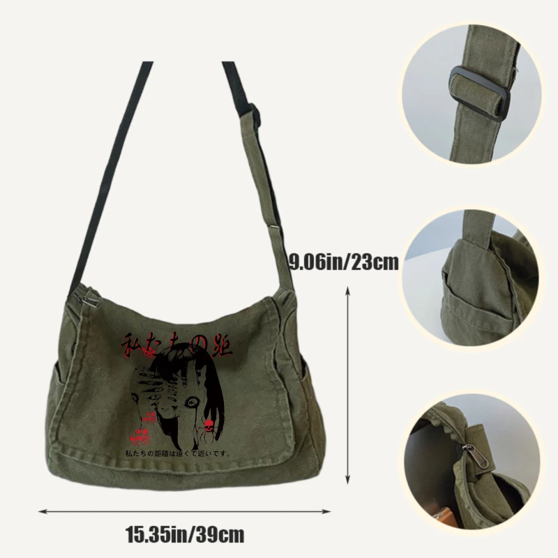 Retro Ghost Print Unisex Shoulder Bag Canvas Messenger Bag Large Capacity for Daily Use Men's Bag