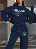 Women's autumn and winter fashion casual MILANO ITALIA printed and plush thick warm hooded sweatshirt+sports pants set - Image 4