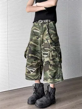 American Retro Camouflage Hole Workwear Jeans Shorts Men Summer Cool Brand Casual Loose Leggings Seven Pants