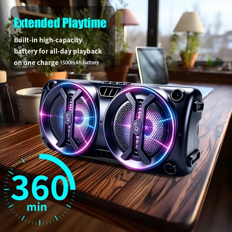 Portable wireless Bluetooth speaker with multi-mode colorful lights. Supports TF card, USB Type-C port and FM radio. Suitable for parties, outdoor camping, square dancing and other occasions. A lovely gift.