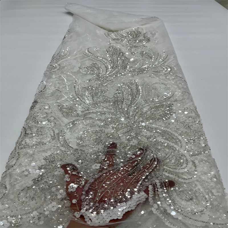 Luxury Lace Fabric 5 Yards Dubai Hand Beaded Tulle Lace Fabric