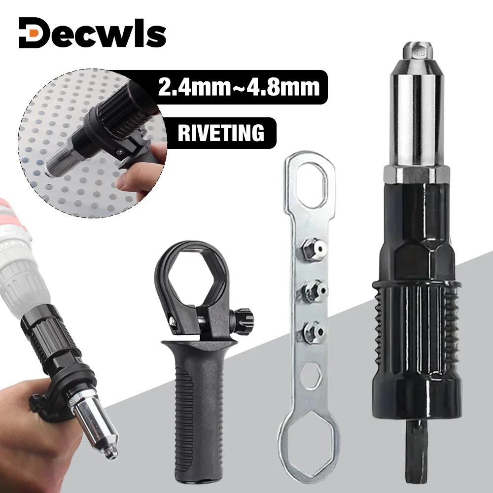 Machine à riveter, adaptateur de pistolet à riveter électrique, outil à riveter 2,4 mm-3,2 mm-4,0 mm-4,8 mm, riveteuse domestique, adaptée à la perceuse électrique, pistolet à riveter en alliage d'aluminium sans fil