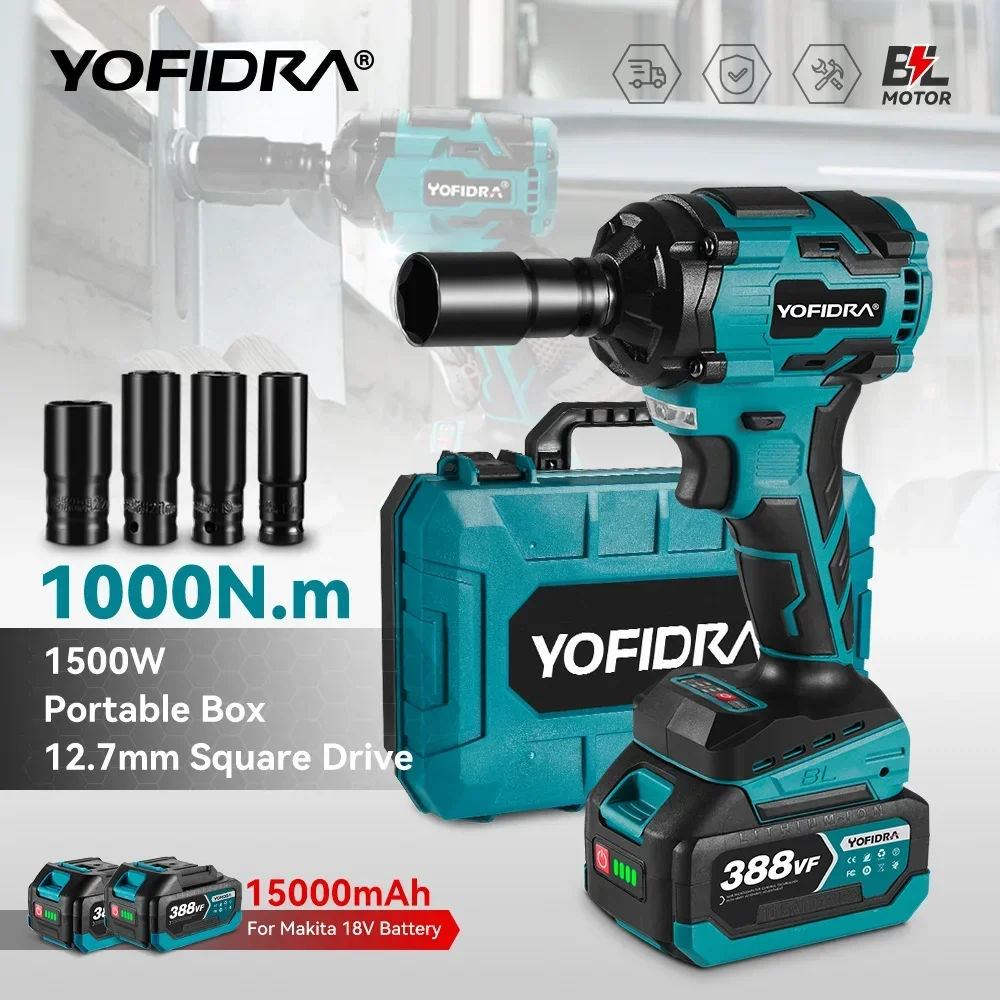 YOFIDRA Chave de Impacto Elétrica Brushless 1000N.M 1/2 Polegadas 3 Funções Sem Fio Parafusadeira Furadeira Ferramenta Elétrica Compatível com Bateria Makita 18V Pino